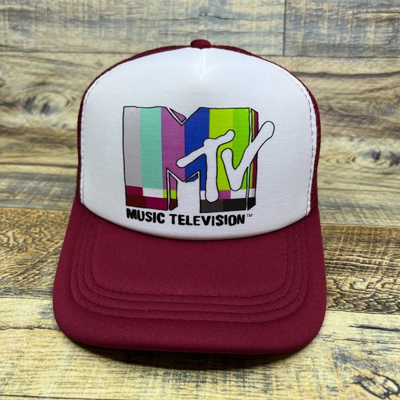 MTV Mens Trucker Hat Maroon Snapback Retro 80s Logo Music Television Ball Cap - Picture 2 of 8